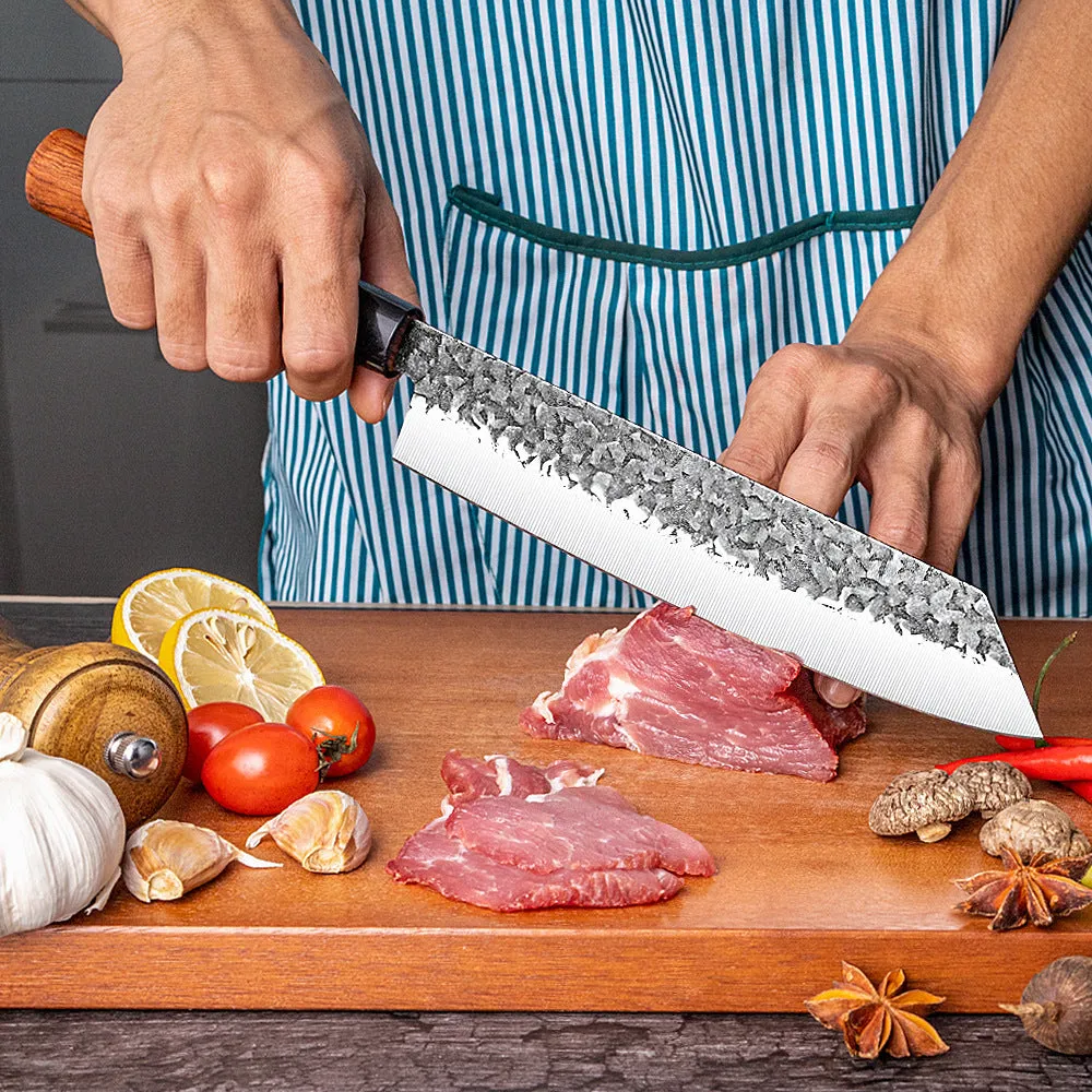 Handmade hammered forged stainless steel santoku chef knife with modern simple design and gift box packaging