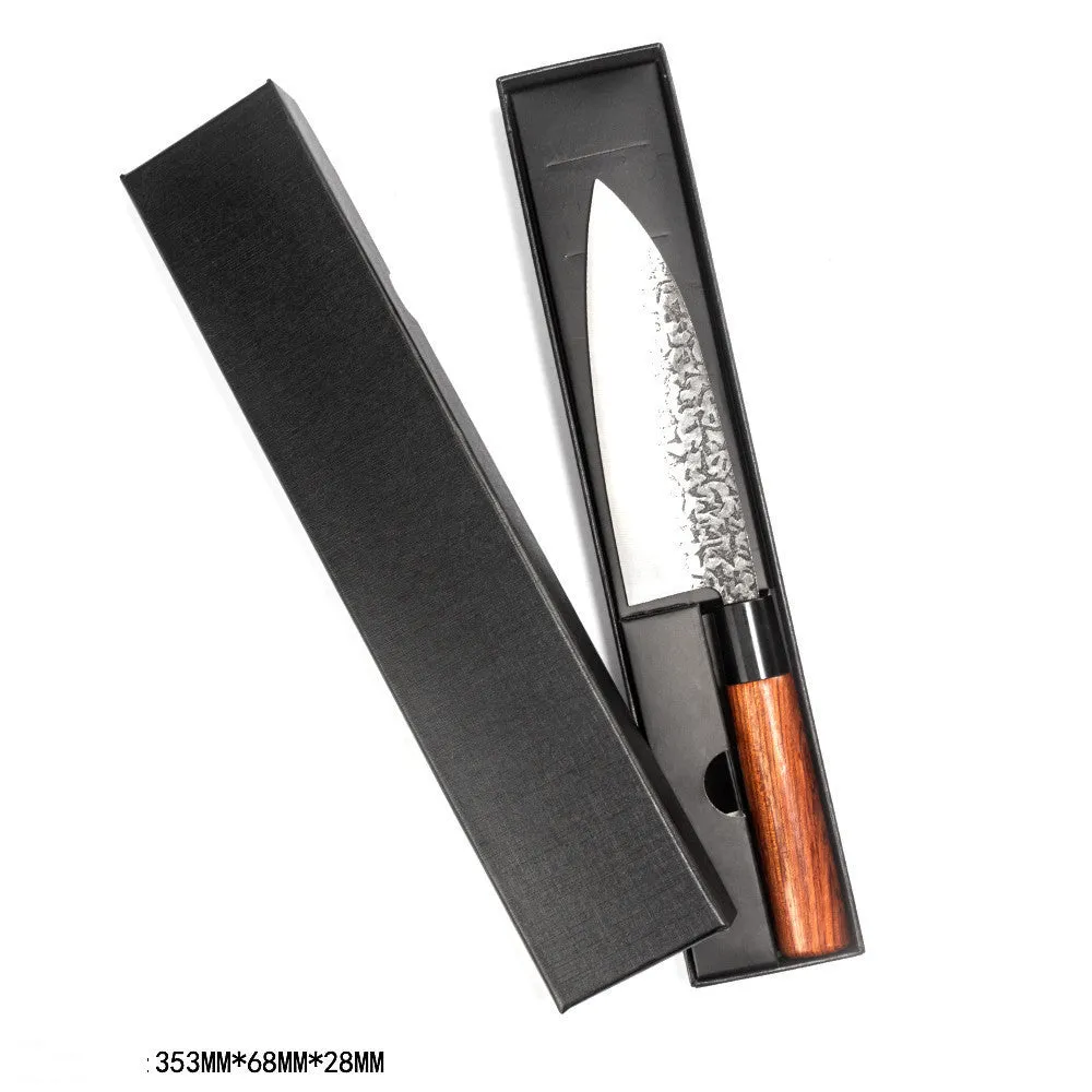 Handmade hammered forged stainless steel santoku chef knife with modern simple design and gift box packaging