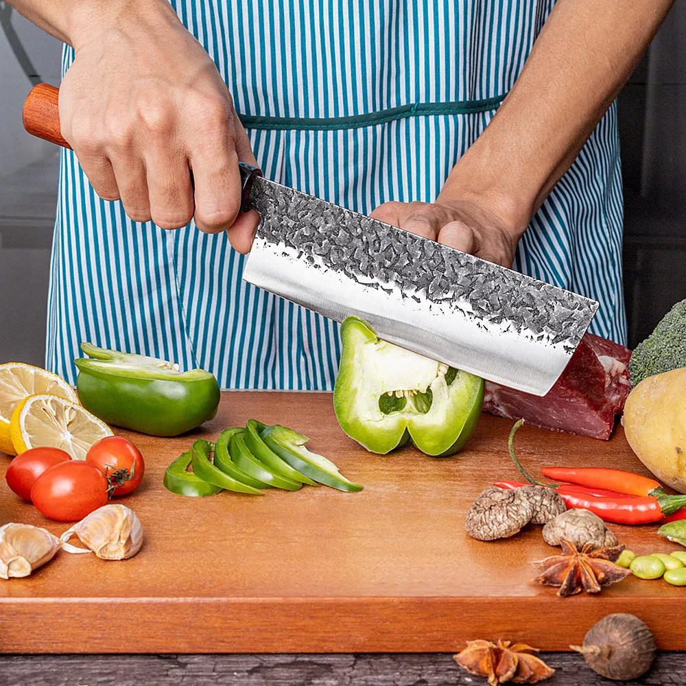 Handmade hammered forged stainless steel santoku chef knife with modern simple design and gift box packaging