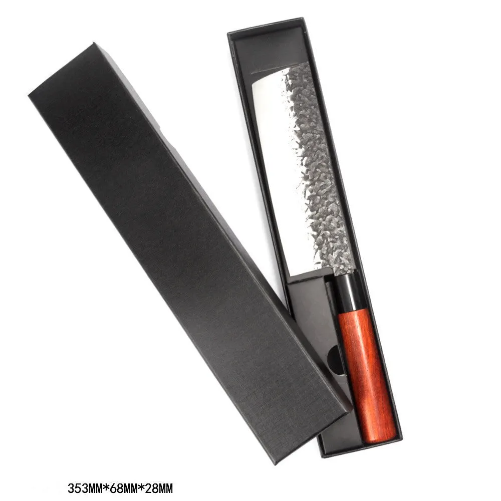 Handmade hammered forged stainless steel santoku chef knife with modern simple design and gift box packaging
