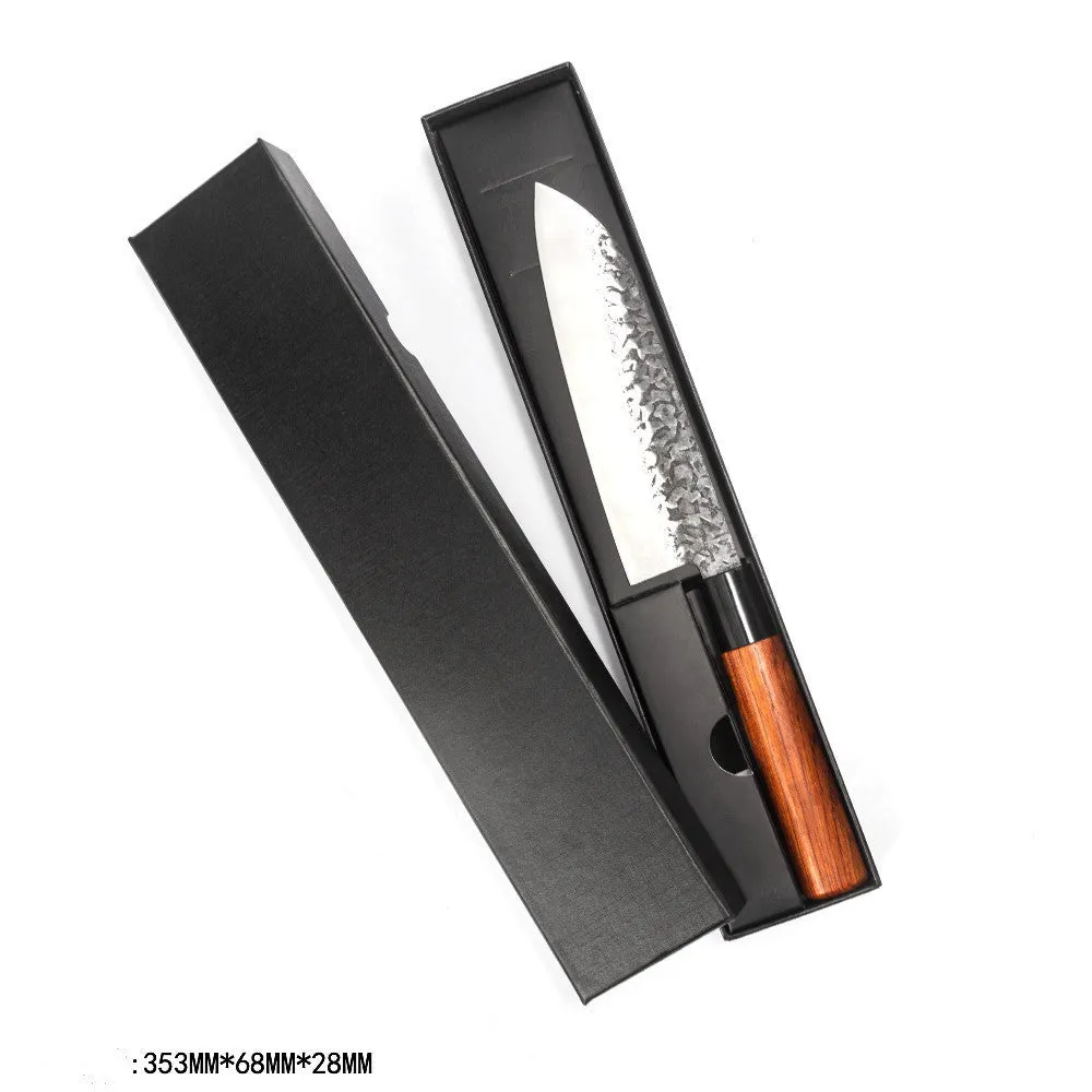 Handmade hammered forged stainless steel santoku chef knife with modern simple design and gift box packaging