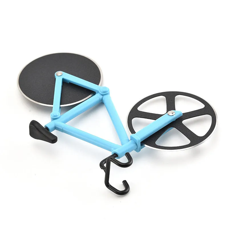 Bicycle-shaped pizza cutter with stainless steel wheel and ABS handle, red colour