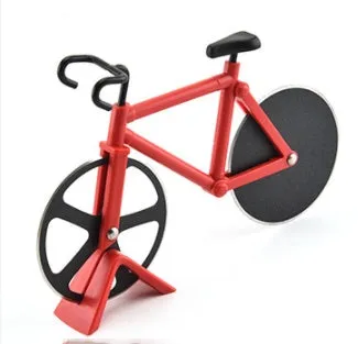 Bicycle-shaped pizza cutter with stainless steel wheel and ABS handle, red colour