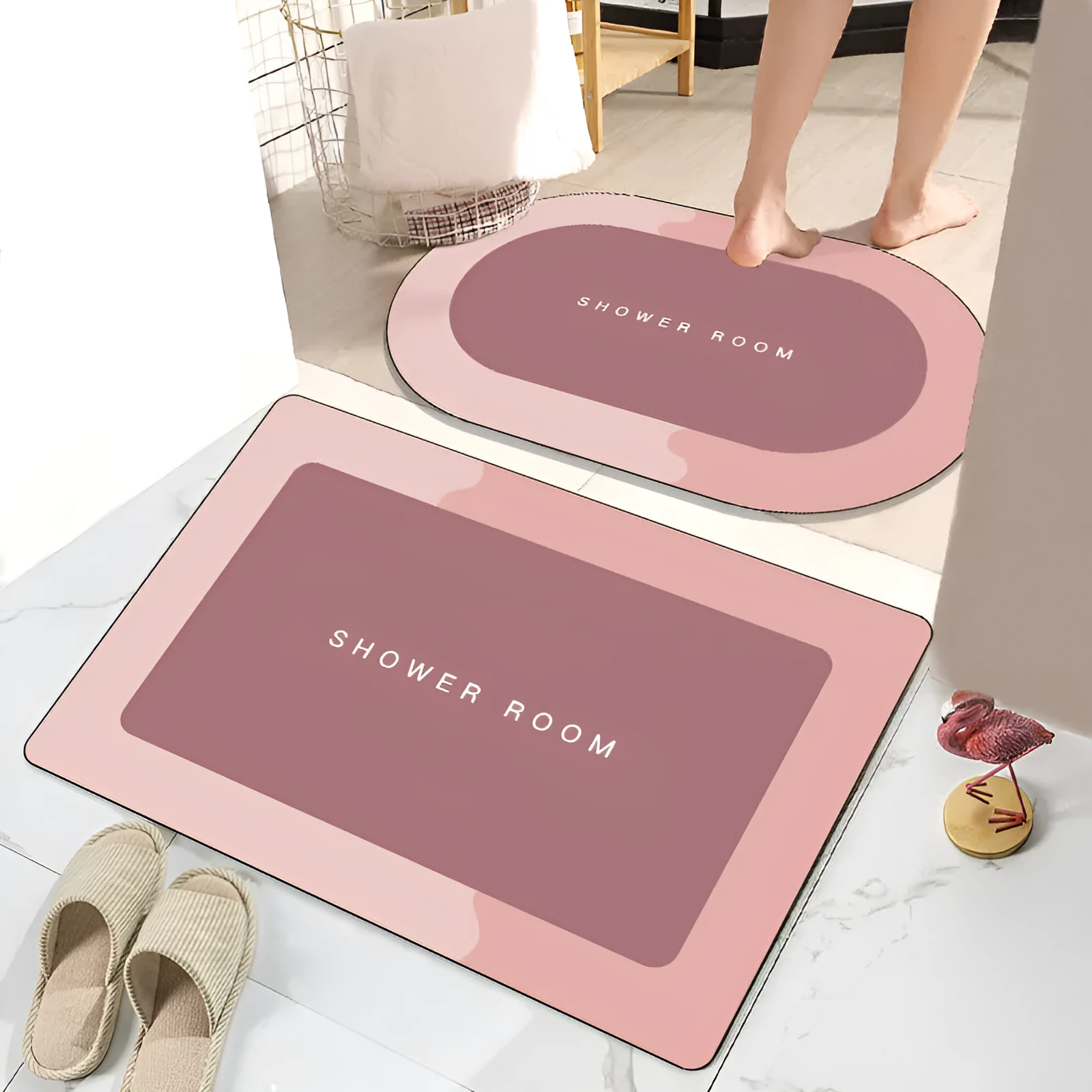 Light grey rectangle crystal velvet non-slip bathroom floor mat with checked pattern