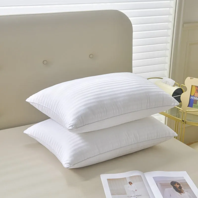 White cotton satin stripe pillow with feather cotton core showing size and loft options