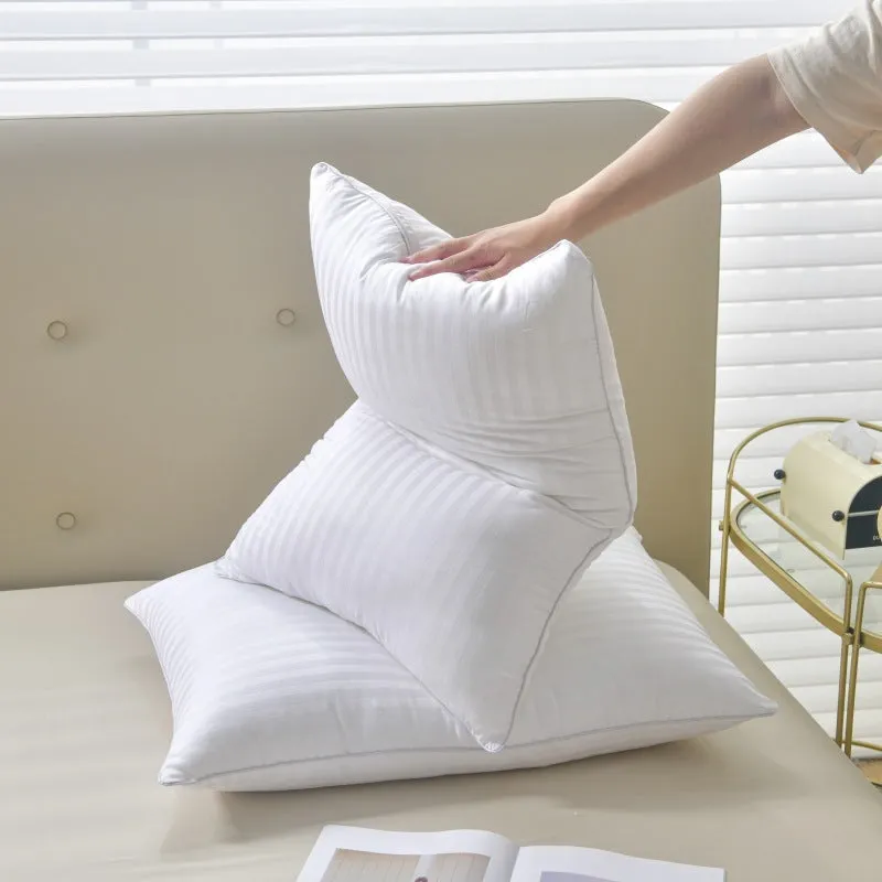 White cotton satin stripe pillow with feather cotton core showing size and loft options