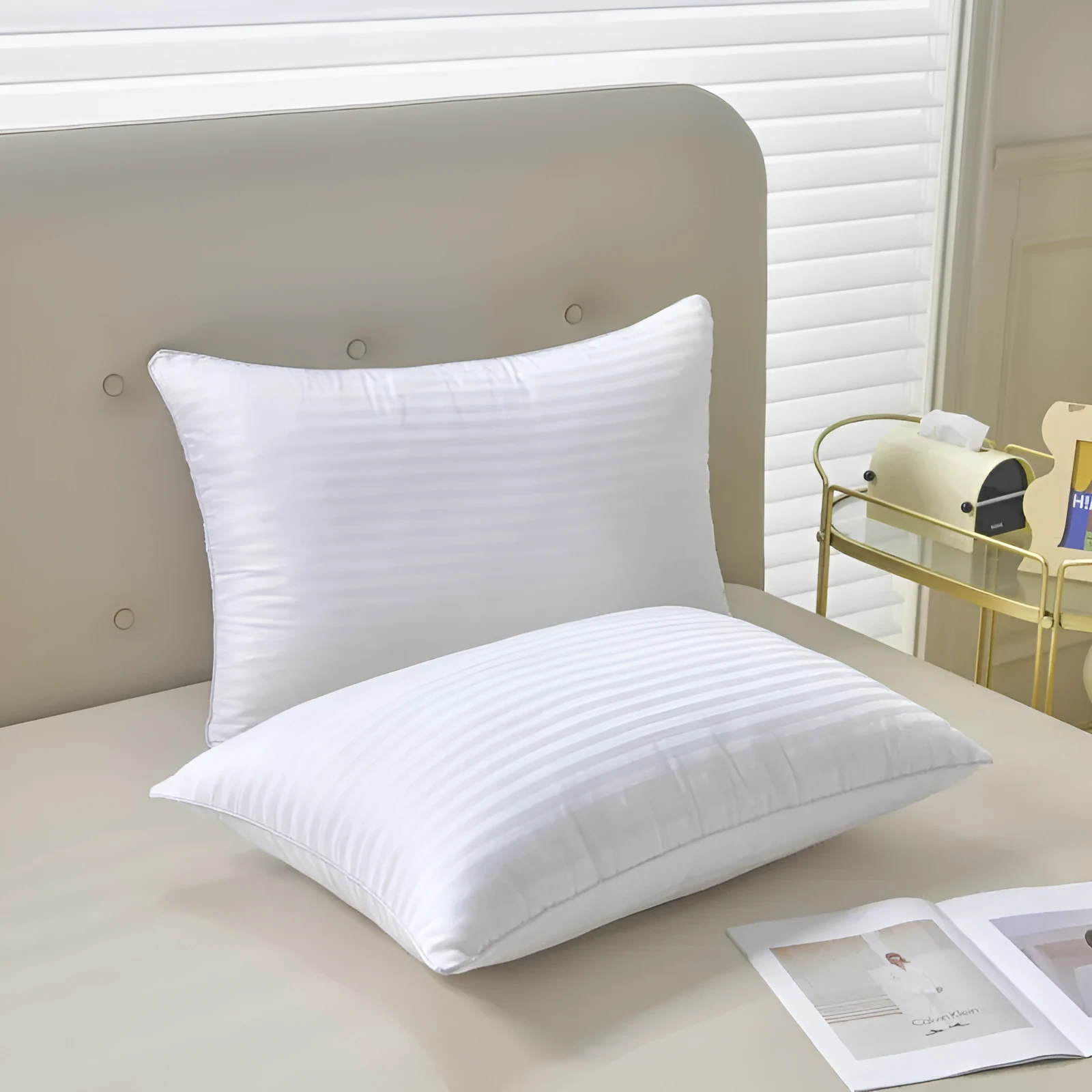 White cotton satin stripe pillow with feather cotton core showing size and loft options