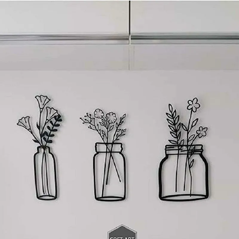 Black iron flower silhouette wall decoration, 40x19 cm, with wall mount on neutral wall