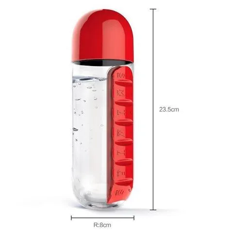 Creative wrist capsule water cup with medicine box 600ml in black, showing lid with integrated pill compartment