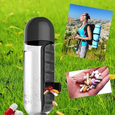 Creative wrist capsule water cup with medicine box 600ml in black, showing lid with integrated pill compartment