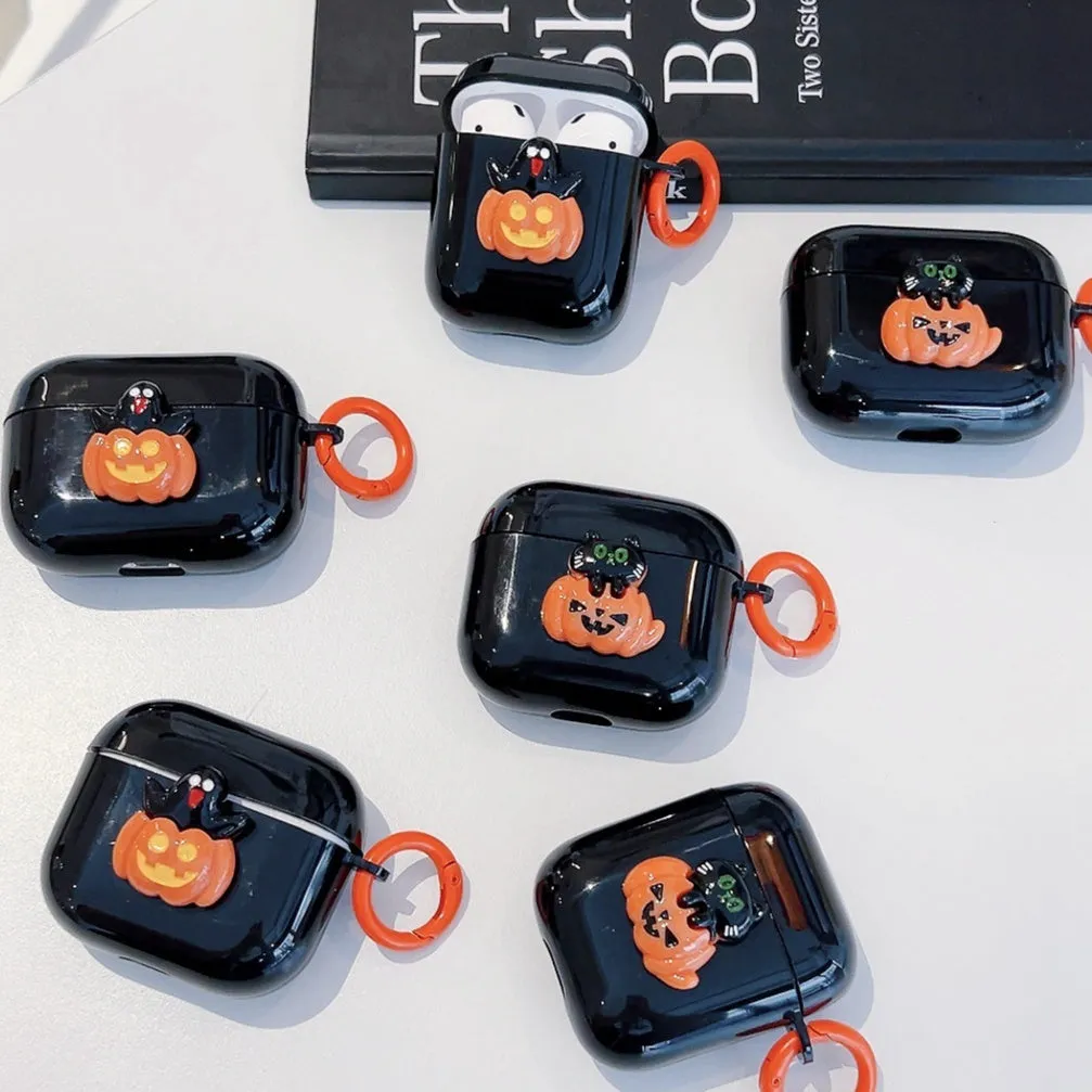 Halloween TPU earbuds case cover for Apple AirPods with black cat pumpkin design, handmade and portable