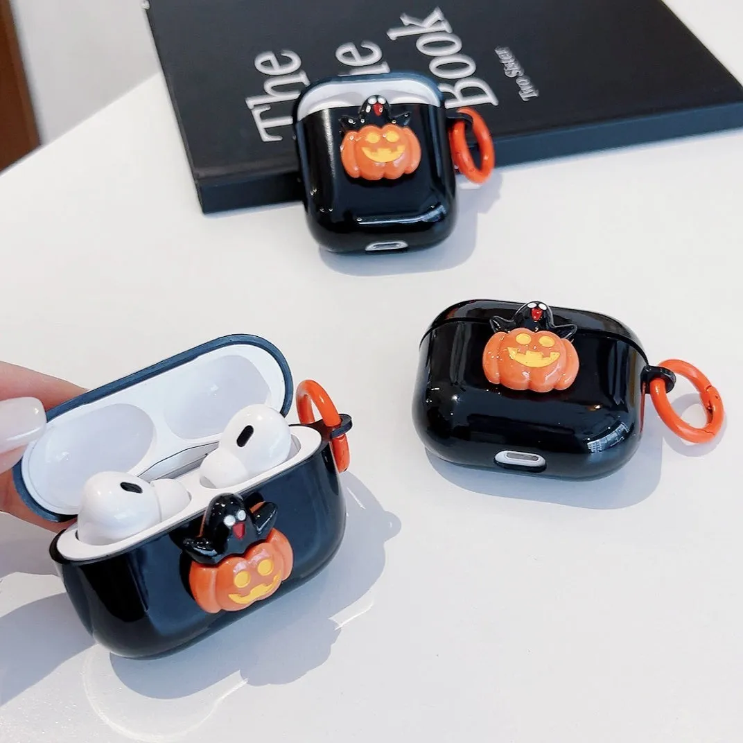 Halloween TPU earbuds case cover for Apple AirPods with black cat pumpkin design, handmade and portable