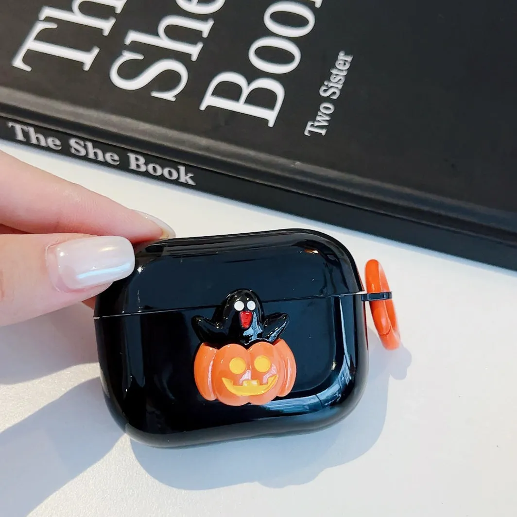 Halloween TPU earbuds case cover for Apple AirPods with black cat pumpkin design, handmade and portable
