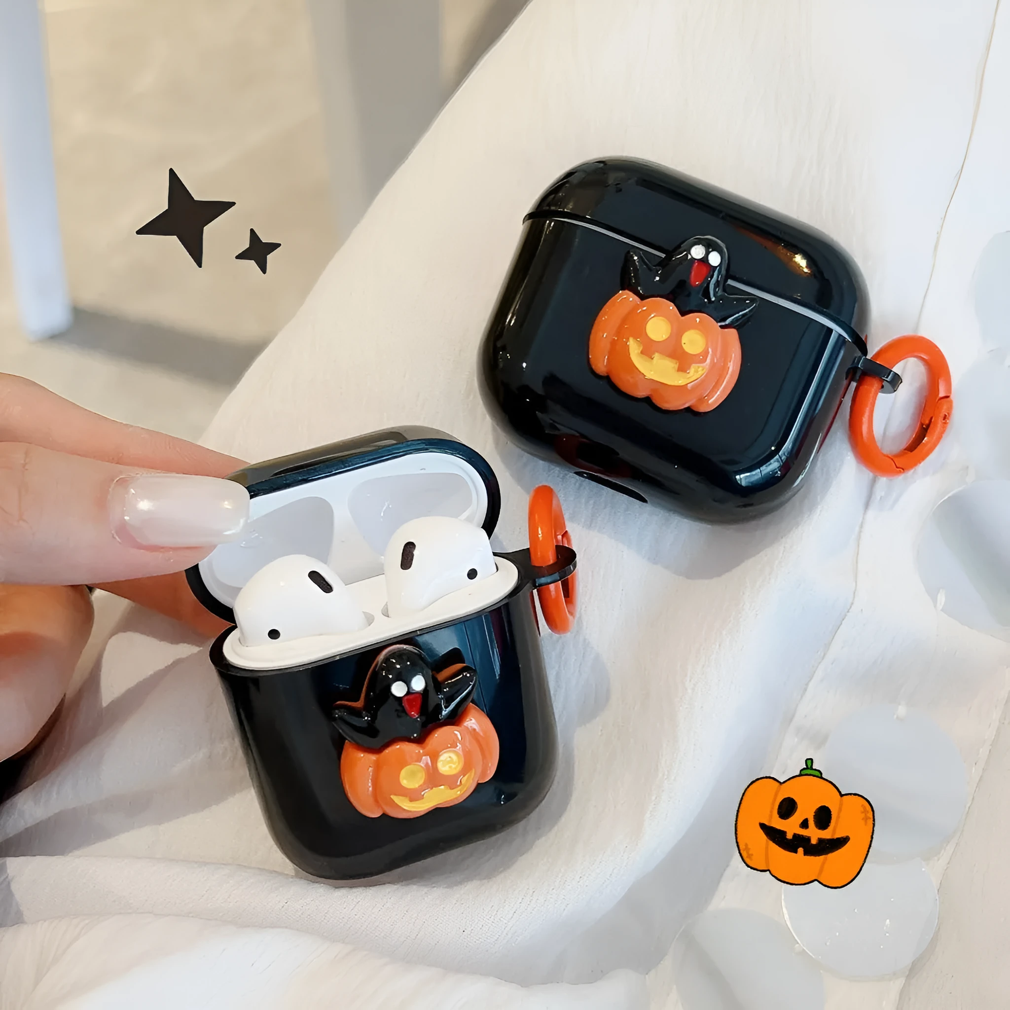 Halloween TPU earbuds case cover for Apple AirPods with black cat pumpkin design, handmade and portable