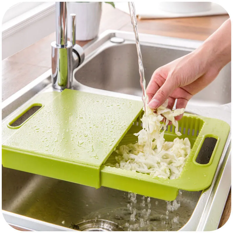 3-in-1 multi-purpose cutting board with colander and storage trough in blue, PP and TPE material, non-slip base, ergonomic handles, 36.5x25x4 cm