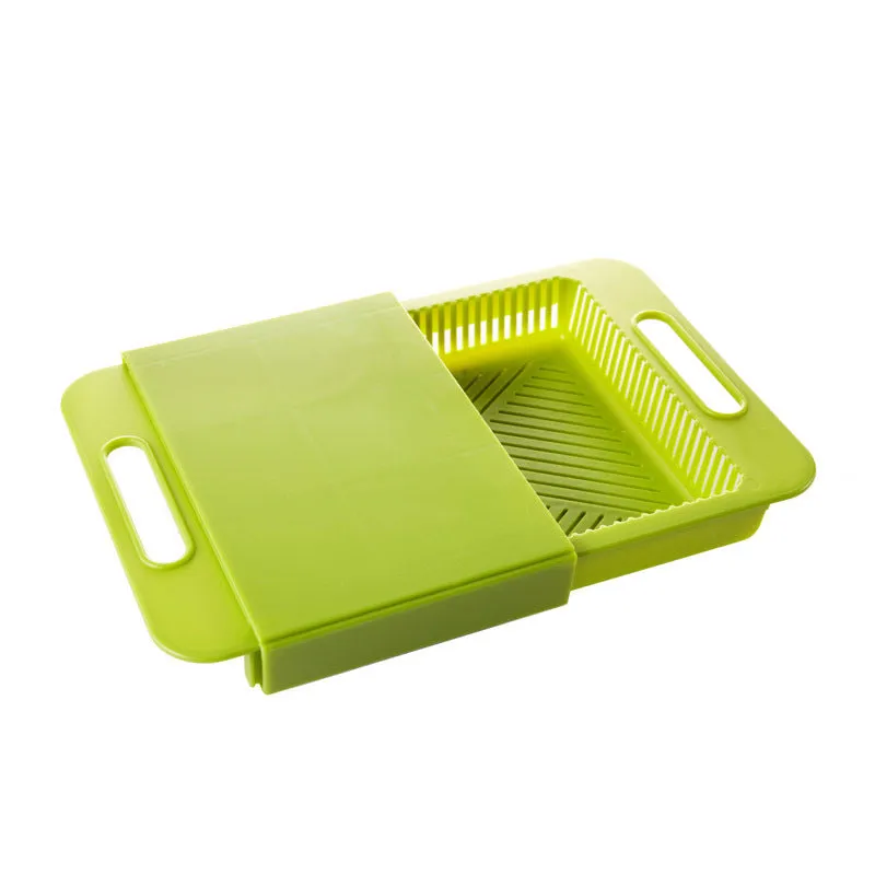 3-in-1 multi-purpose cutting board with colander and storage trough in blue, PP and TPE material, non-slip base, ergonomic handles, 36.5x25x4 cm