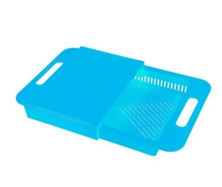 3-in-1 multi-purpose cutting board with colander and storage trough in blue, PP and TPE material, non-slip base, ergonomic handles, 36.5x25x4 cm