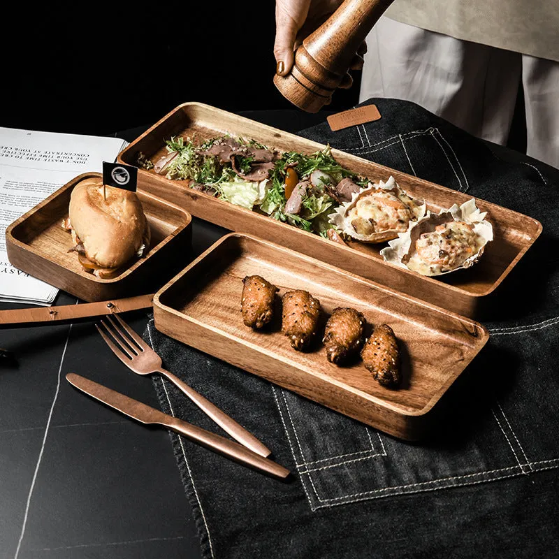 Wooden hand-painted rectangle breakfast plate in Japanese style with acacia finish