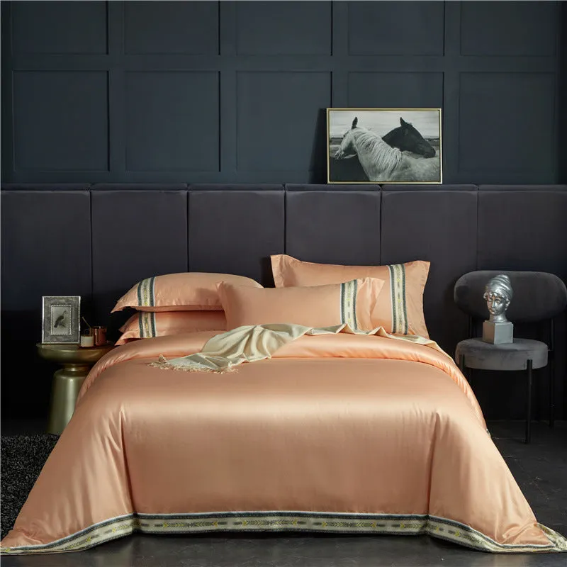 Four-piece washed silk satin striped sheet set in solid colour, smooth silky bed linen for UK beds