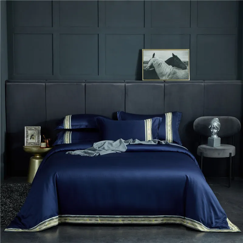 Four-piece washed silk satin striped sheet set in solid colour, smooth silky bed linen for UK beds