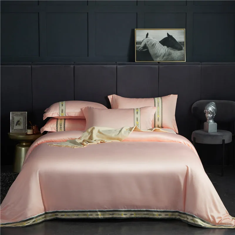 Four-piece washed silk satin striped sheet set in solid colour, smooth silky bed linen for UK beds