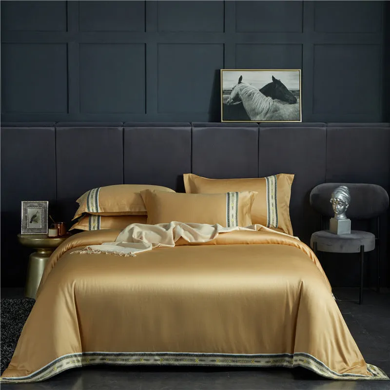 Four-piece washed silk satin striped sheet set in solid colour, smooth silky bed linen for UK beds