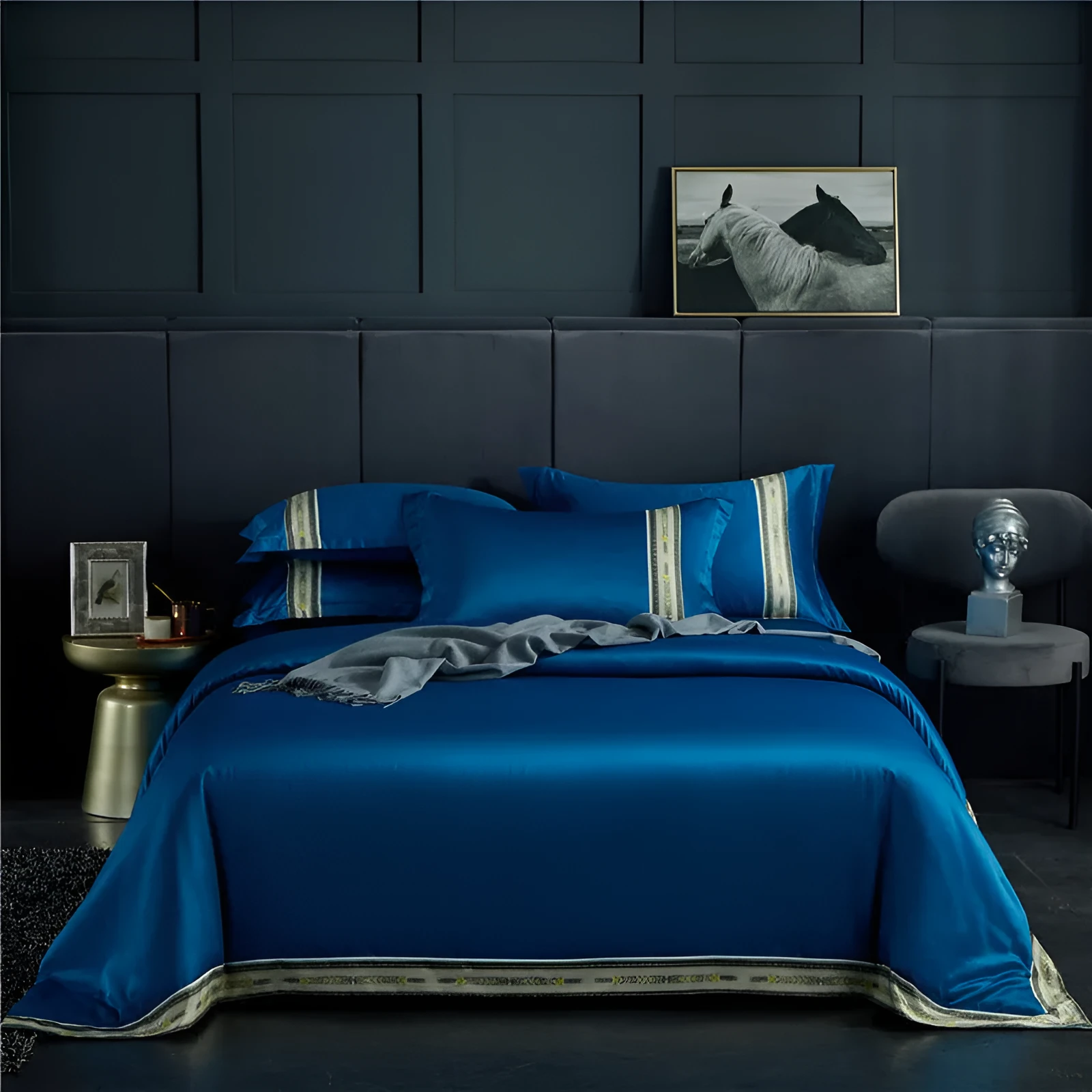 Four-piece washed silk satin striped sheet set in solid colour, smooth silky bed linen for UK beds