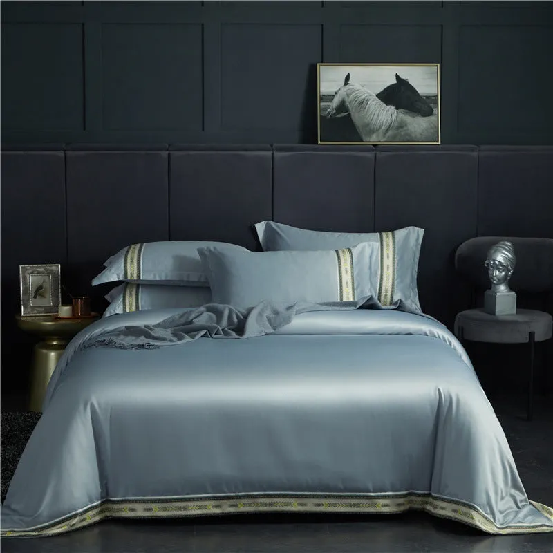 Four-piece washed silk satin striped sheet set in solid colour, smooth silky bed linen for UK beds