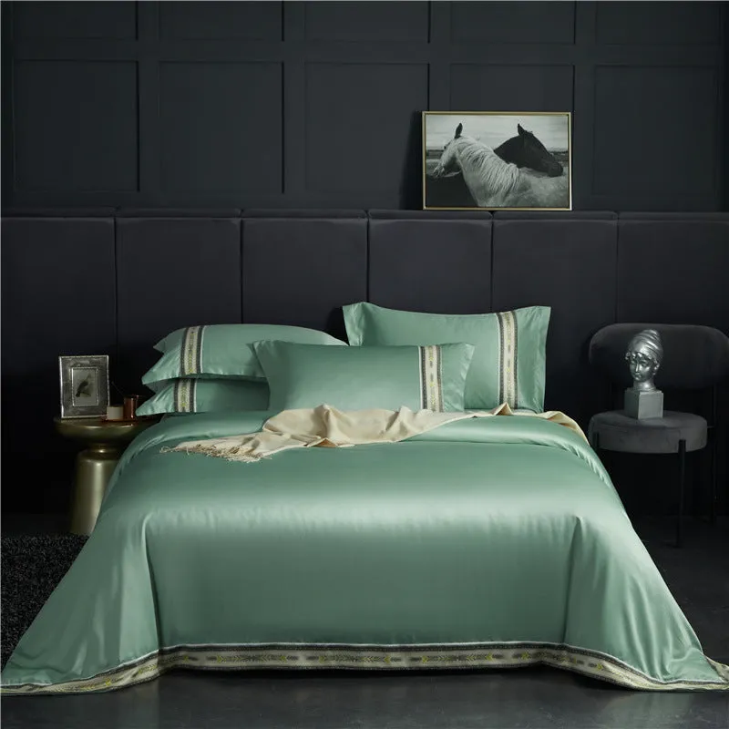 Four-piece washed silk satin striped sheet set in solid colour, smooth silky bed linen for UK beds