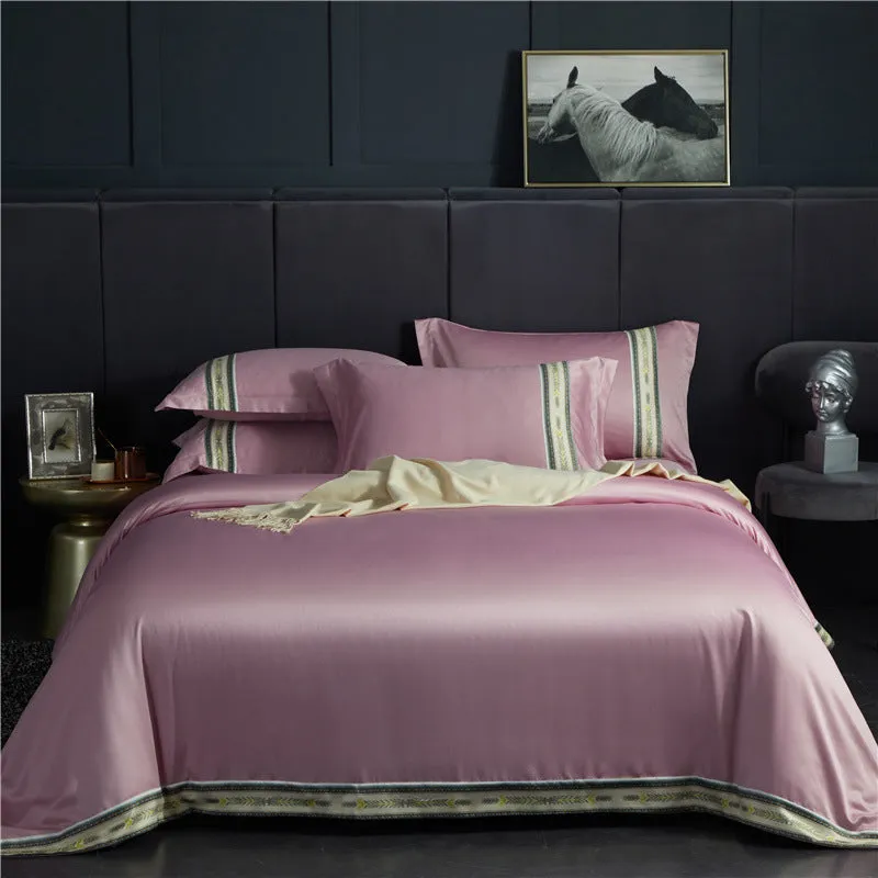 Four-piece washed silk satin striped sheet set in solid colour, smooth silky bed linen for UK beds