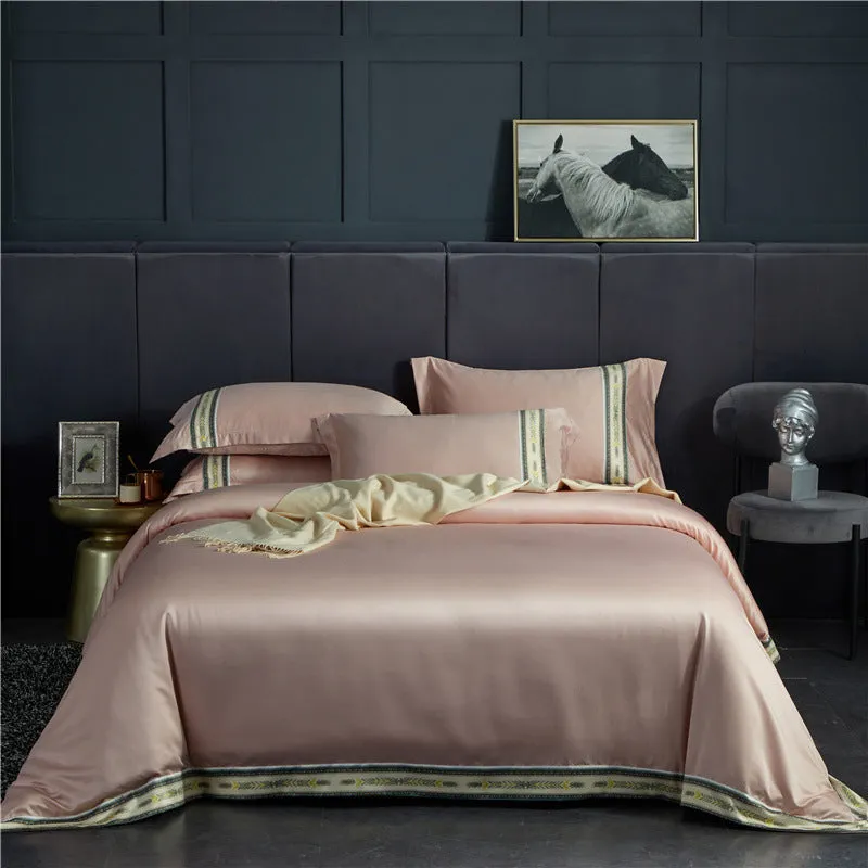 Four-piece washed silk satin striped sheet set in solid colour, smooth silky bed linen for UK beds