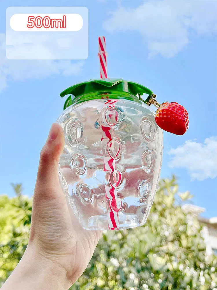 500ml kawaii strawberry-shaped water bottle with straw and pendant on white background