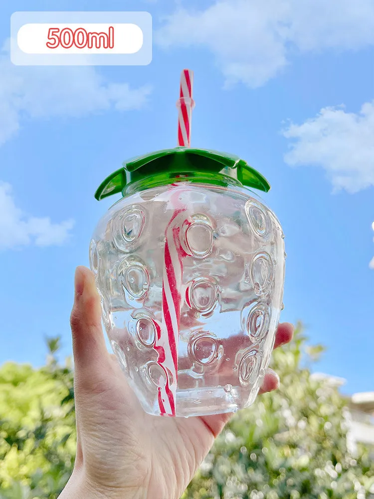 500ml kawaii strawberry-shaped water bottle with straw and pendant on white background
