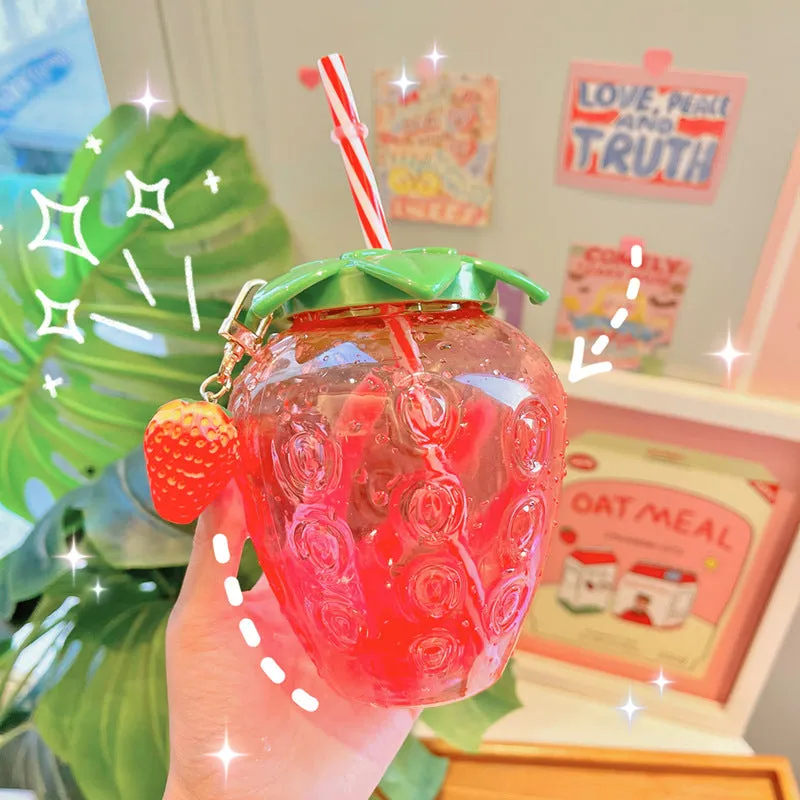 500ml kawaii strawberry-shaped water bottle with straw and pendant on white background