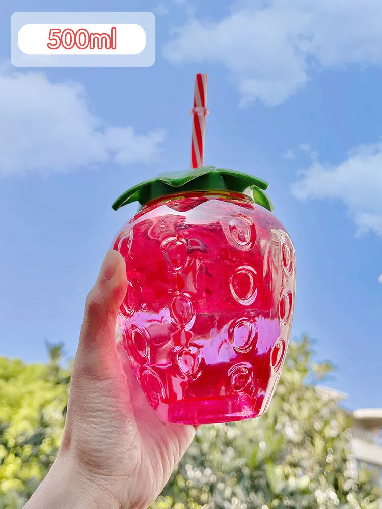 500ml kawaii strawberry-shaped water bottle with straw and pendant on white background