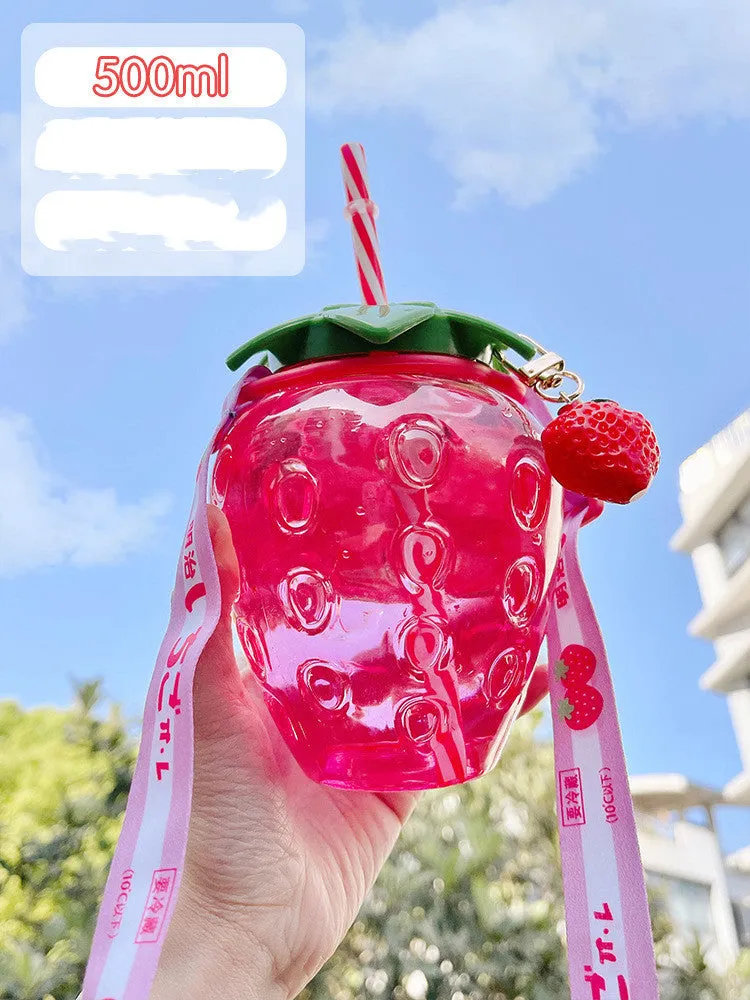 500ml kawaii strawberry-shaped water bottle with straw and pendant on white background