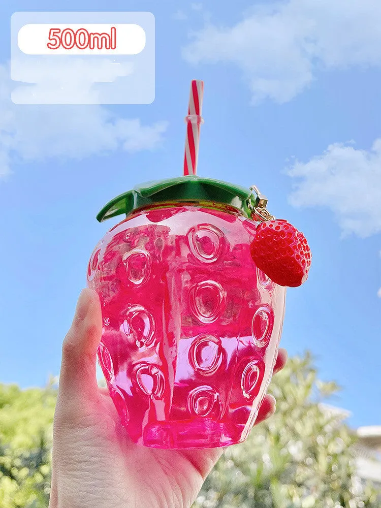 500ml kawaii strawberry-shaped water bottle with straw and pendant on white background