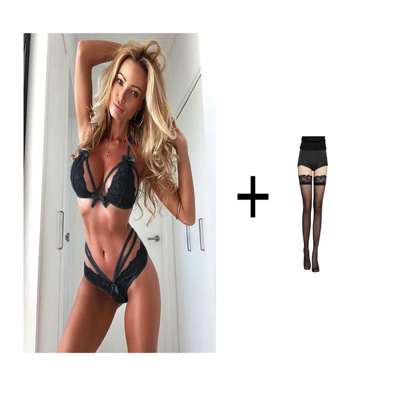 Bowknot lace lingerie set in black nylon with lace trim