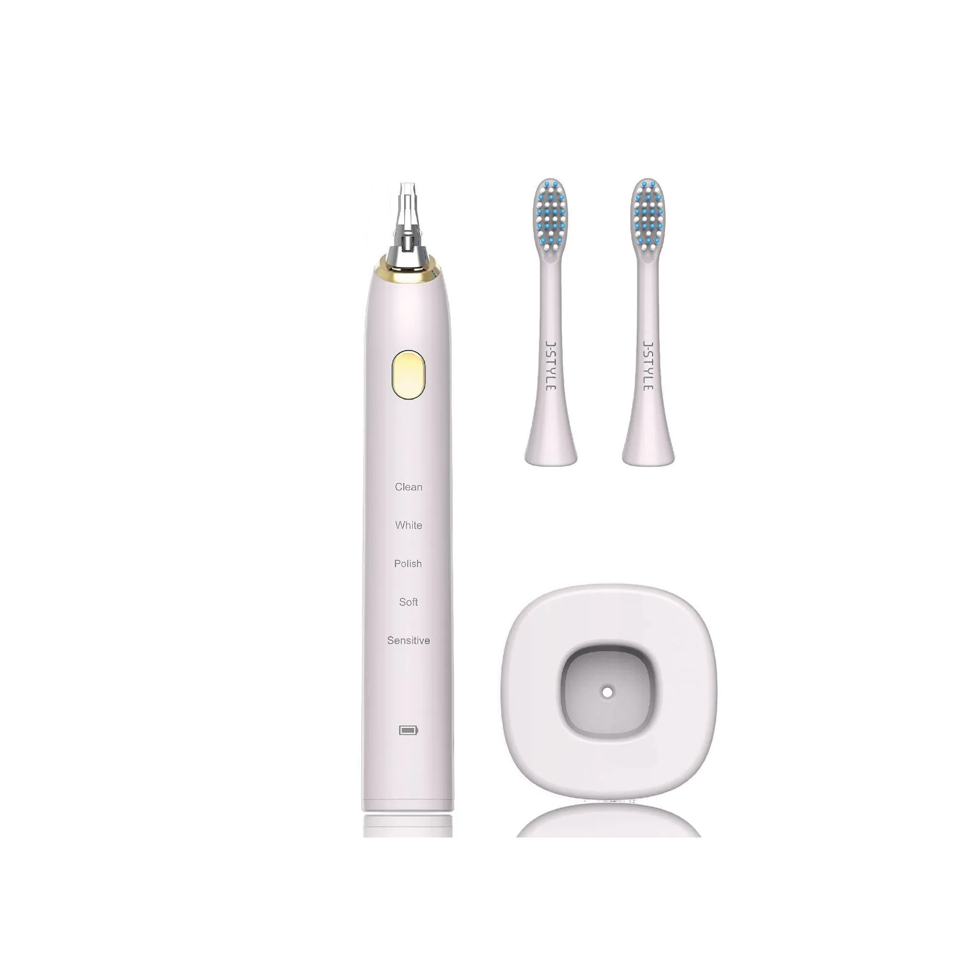 White waterproof electric toothbrush with inductive charging base and five nursing mode buttons