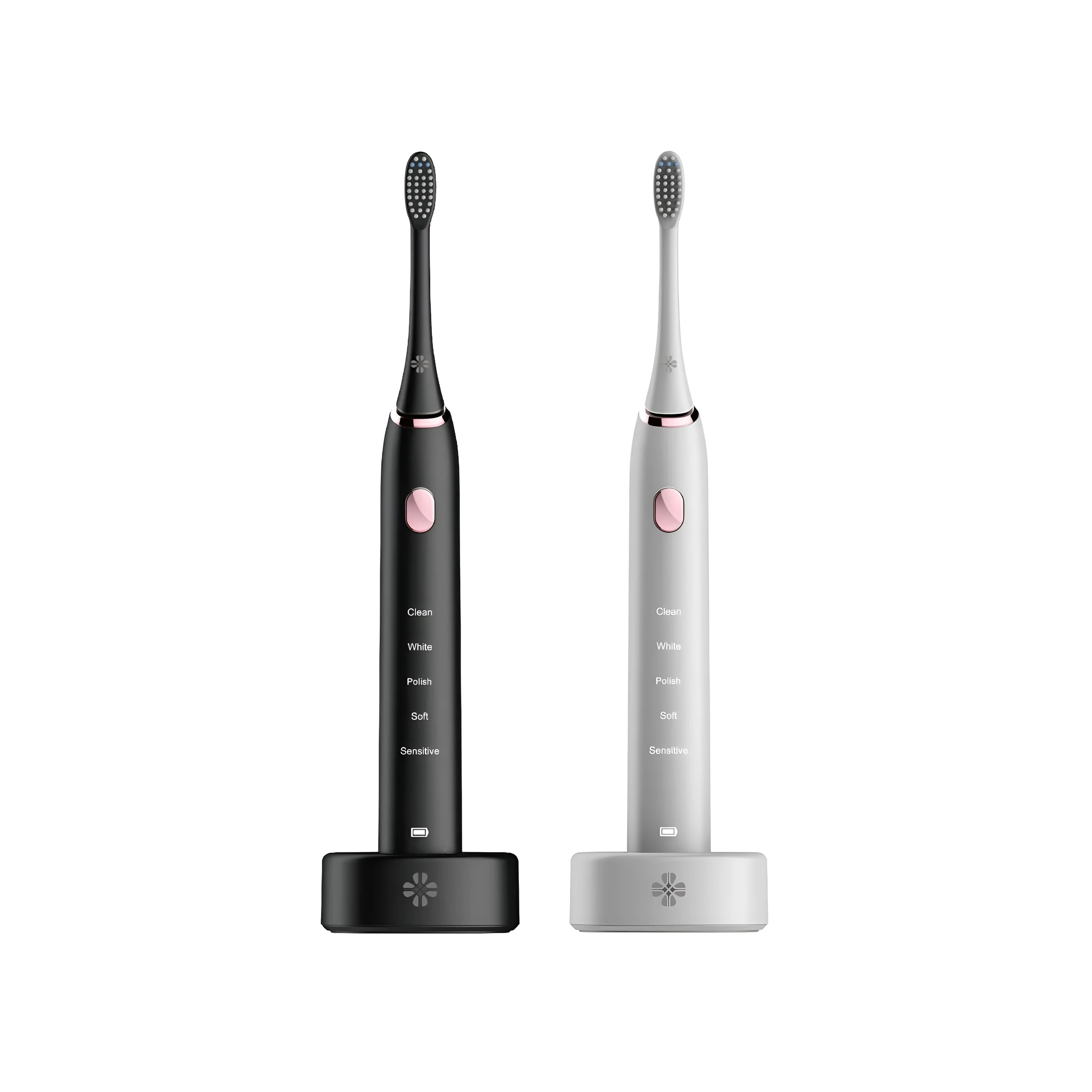 White waterproof electric toothbrush with inductive charging base and five nursing mode buttons