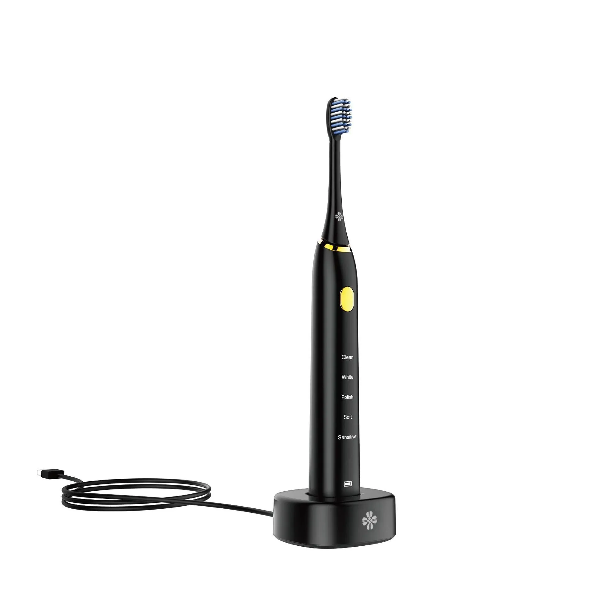 White waterproof electric toothbrush with inductive charging base and five nursing mode buttons