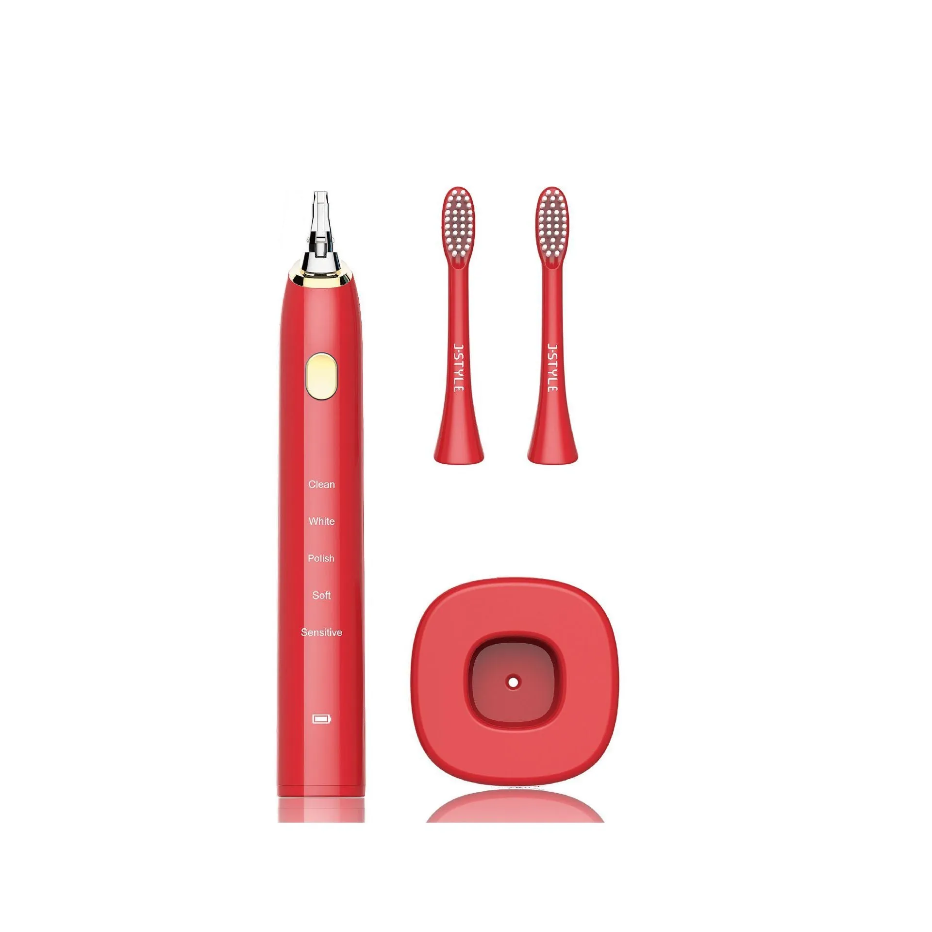 White waterproof electric toothbrush with inductive charging base and five nursing mode buttons