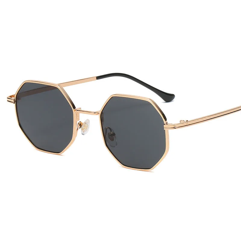 Classic vintage metal multilateral sunglasses with gold frame and black grey PC lenses
