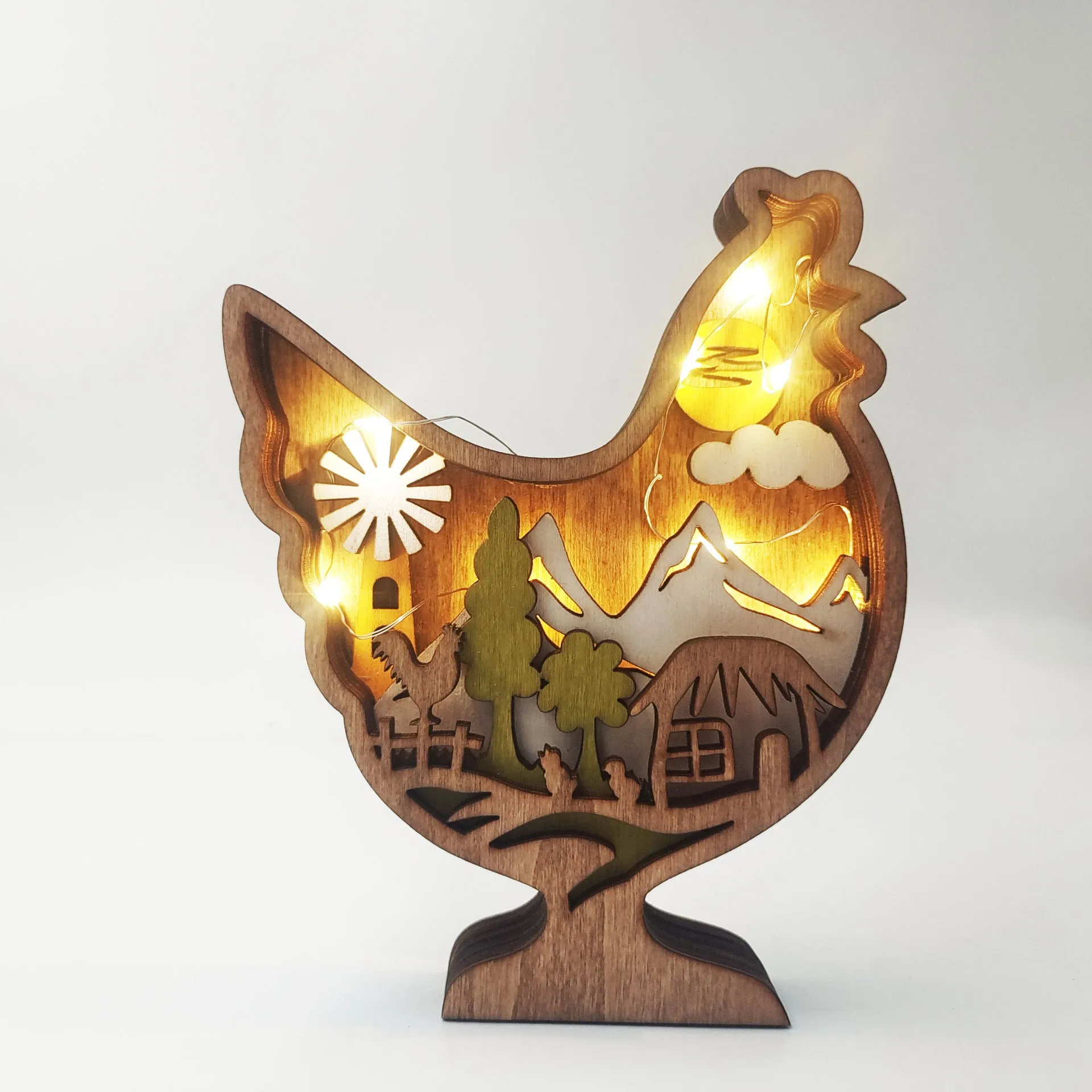 Boxwood wooden animal decoration bird with lamp on shelf 18x14x3.2cm