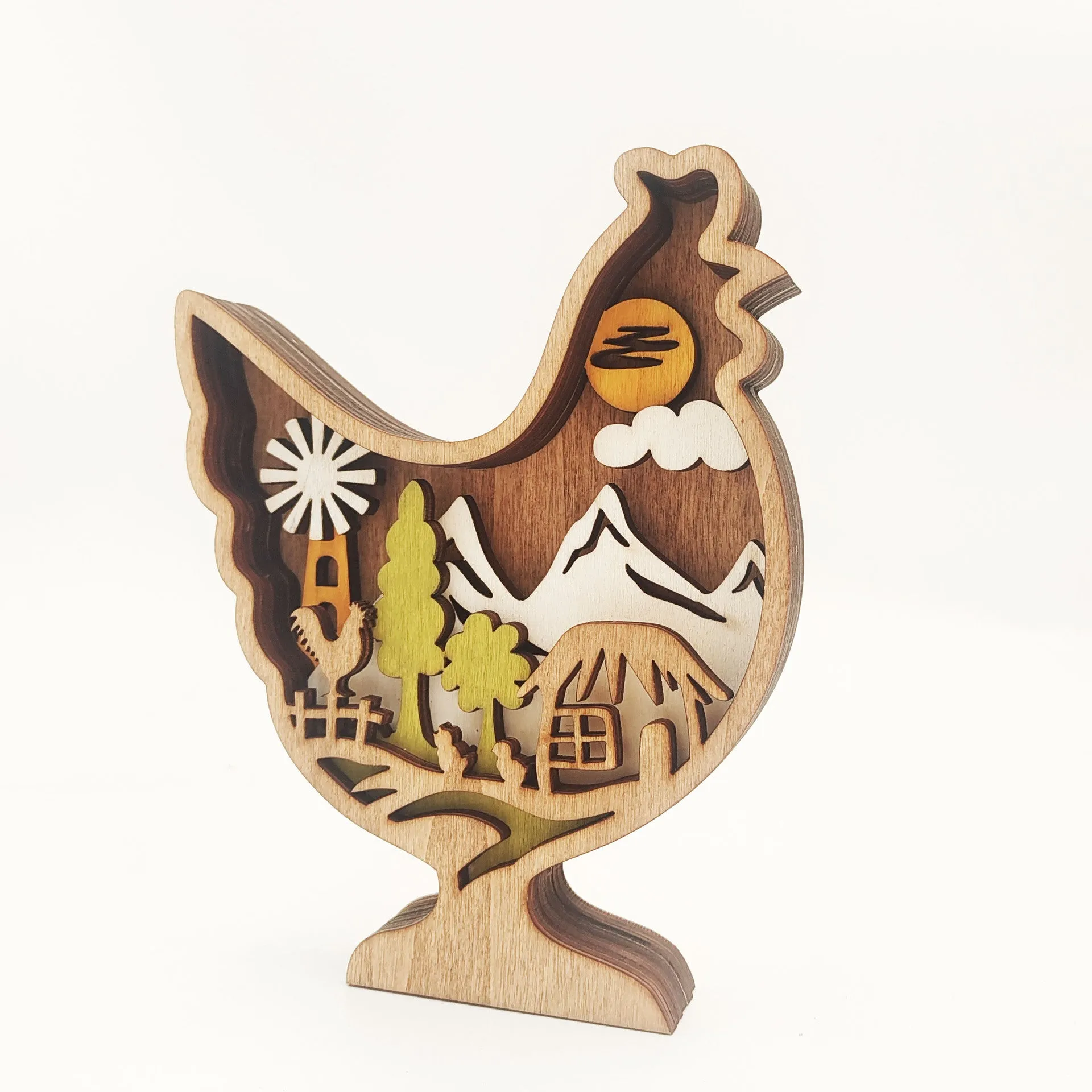 Boxwood wooden animal decoration bird with lamp on shelf 18x14x3.2cm