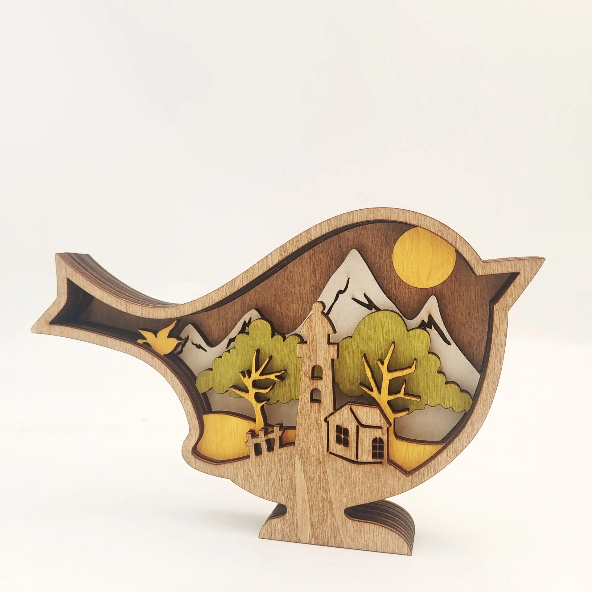 Boxwood wooden animal decoration bird with lamp on shelf 18x14x3.2cm