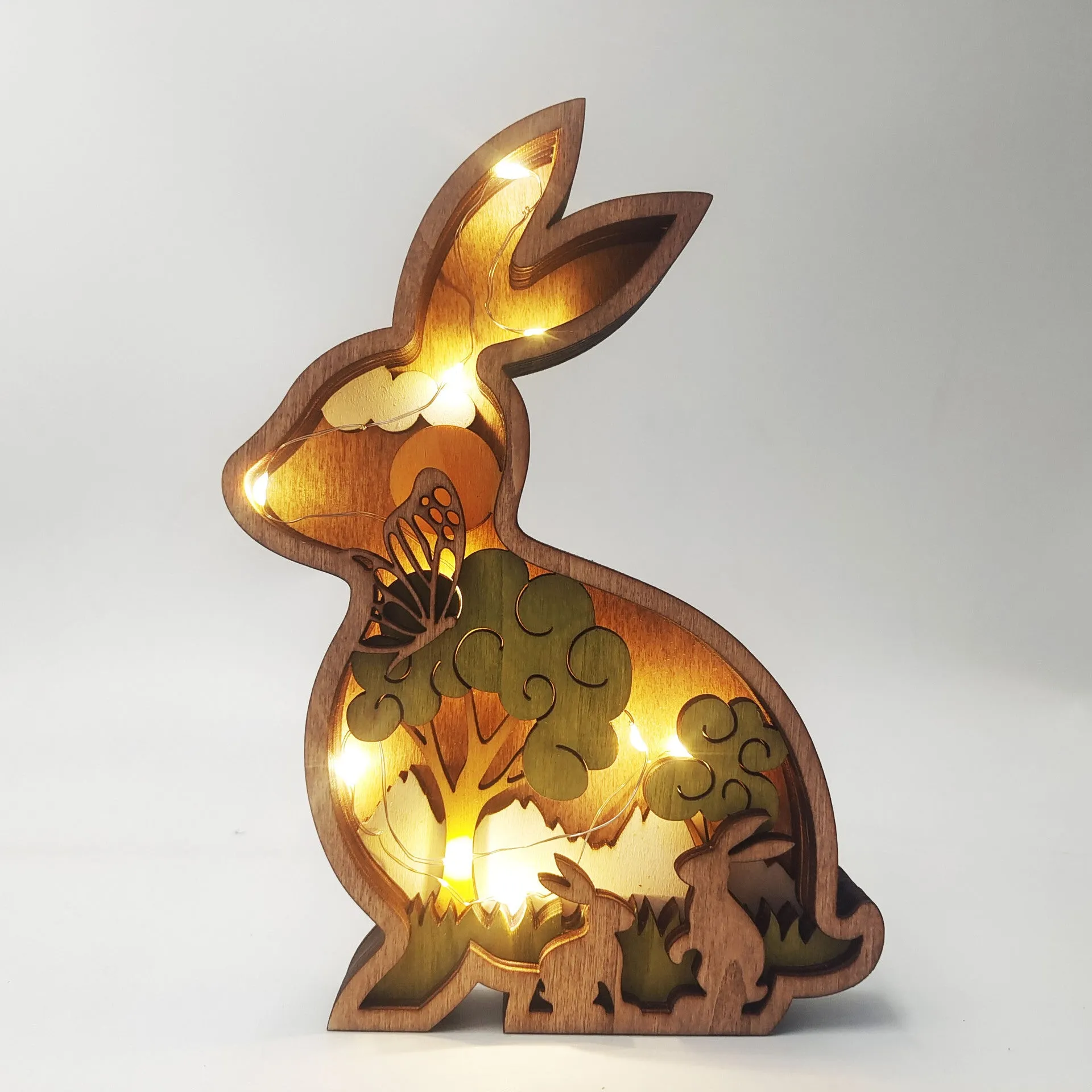 Boxwood wooden animal decoration bird with lamp on shelf 18x14x3.2cm