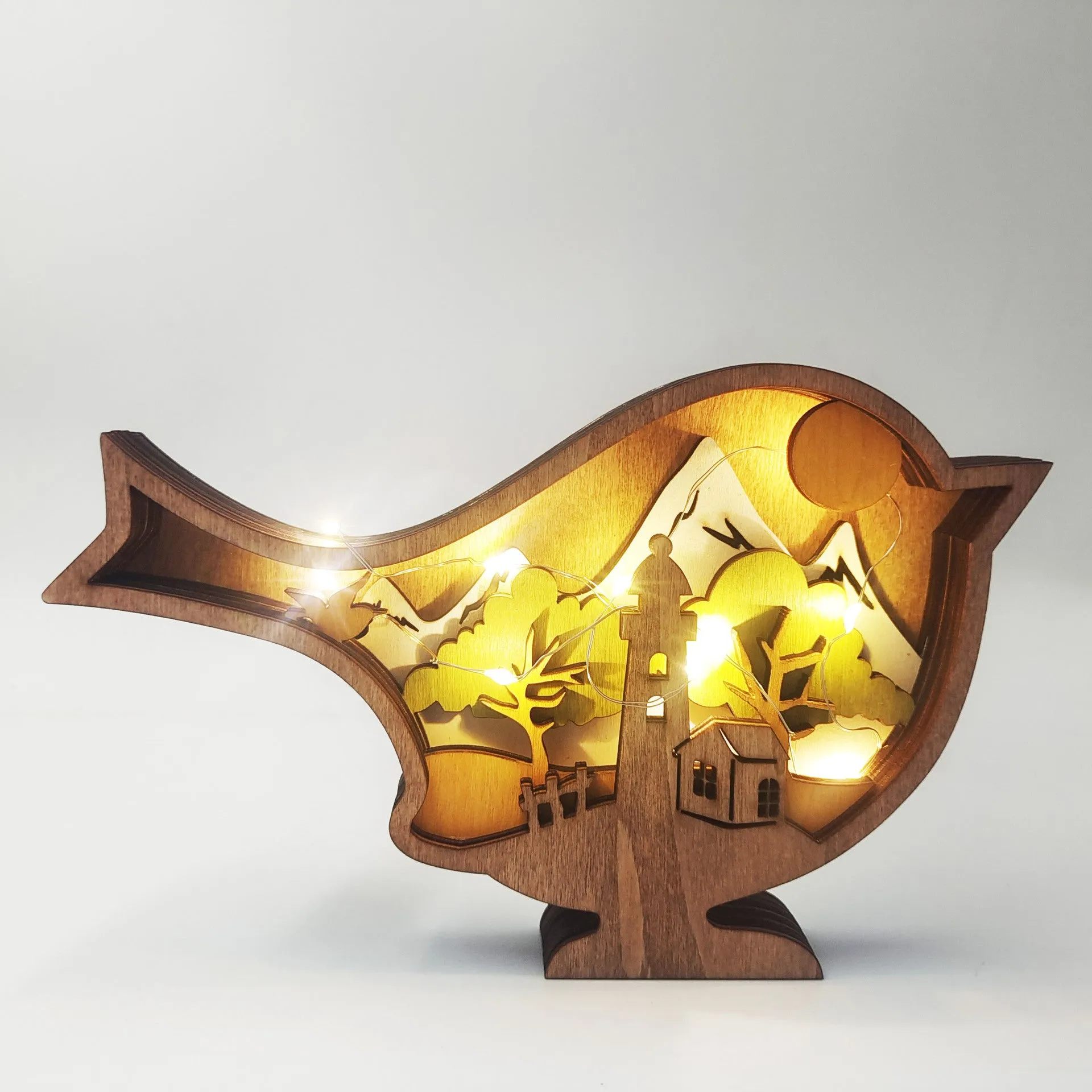 Boxwood wooden animal decoration bird with lamp on shelf 18x14x3.2cm