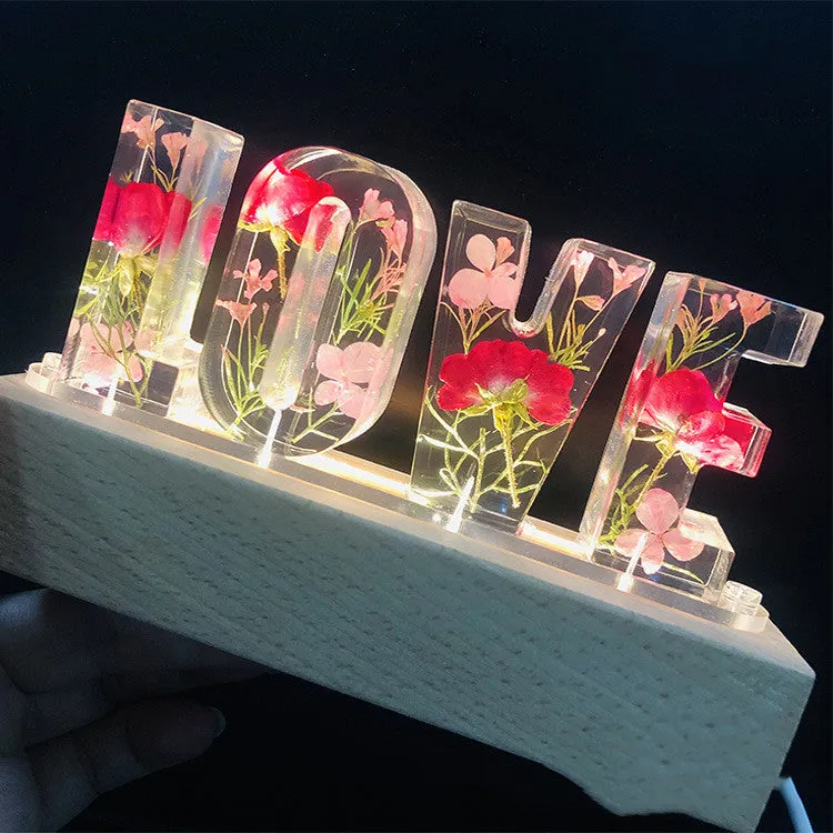 Creative dried flower night light LOVE letter table lamp with wood lampshade, LED warm light, and rose flowers