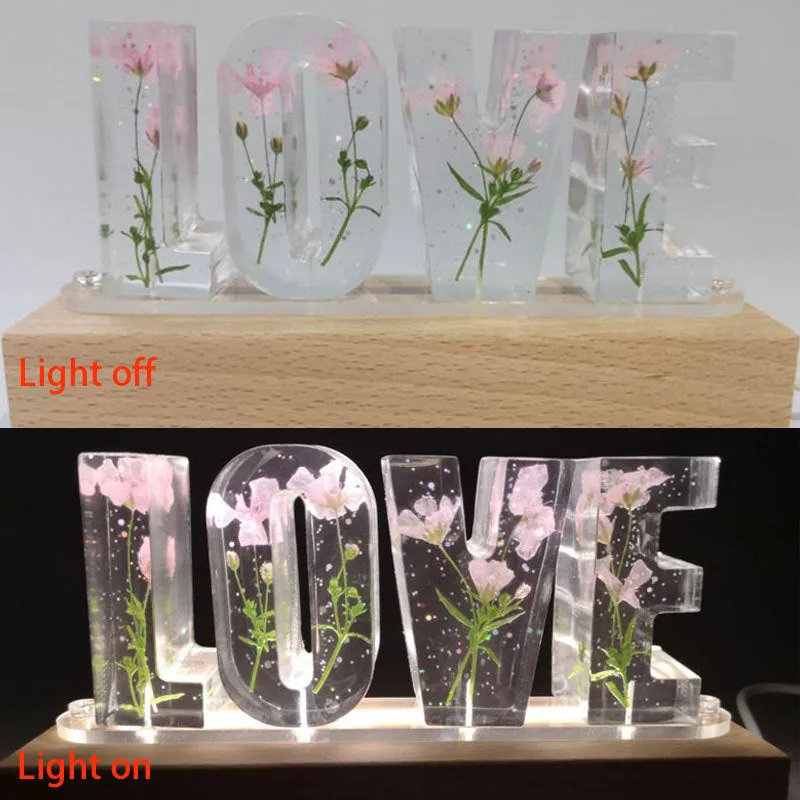 Creative dried flower night light LOVE letter table lamp with wood lampshade, LED warm light, and rose flowers